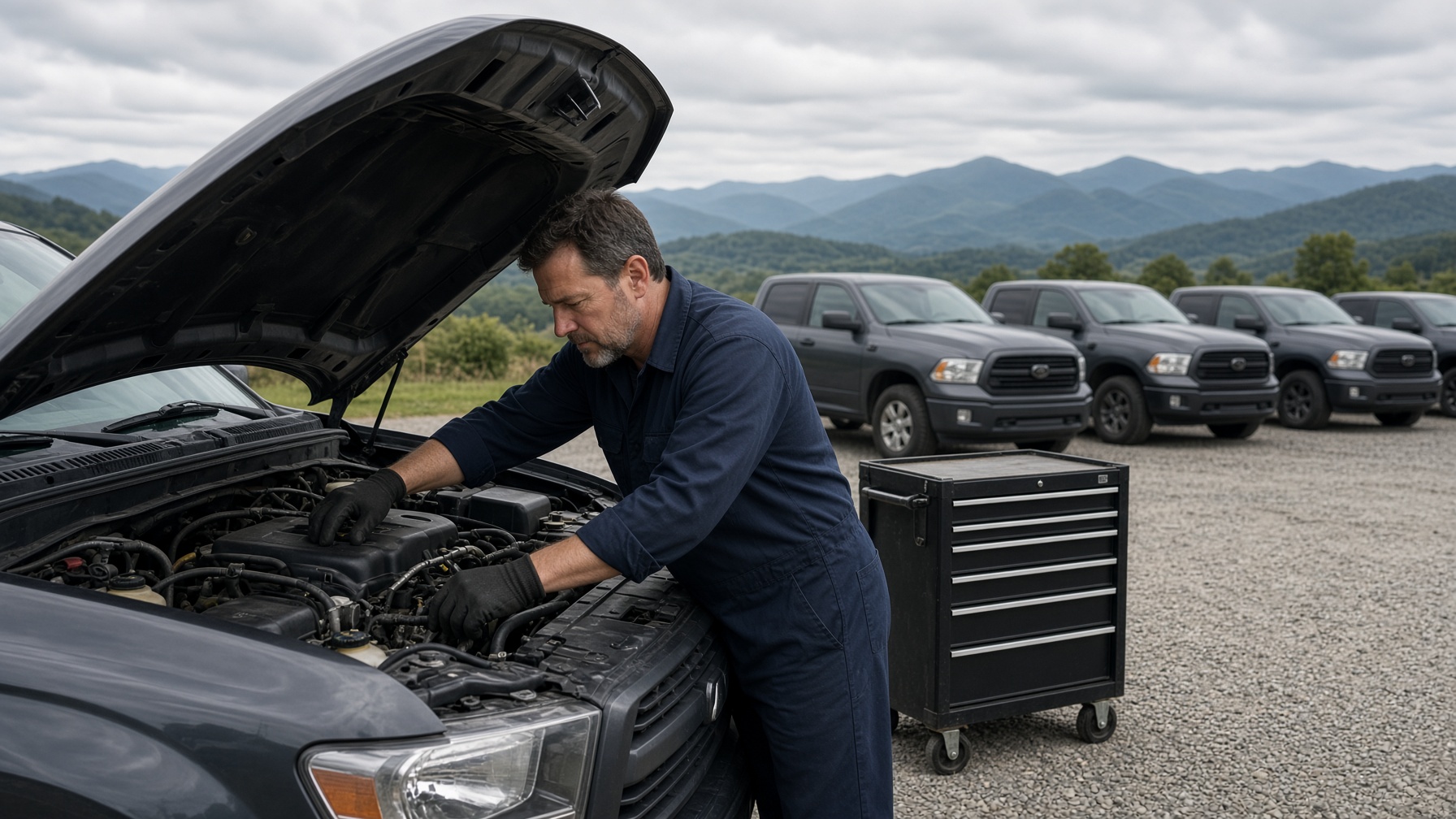 Fleet pickups being serviced in a lot