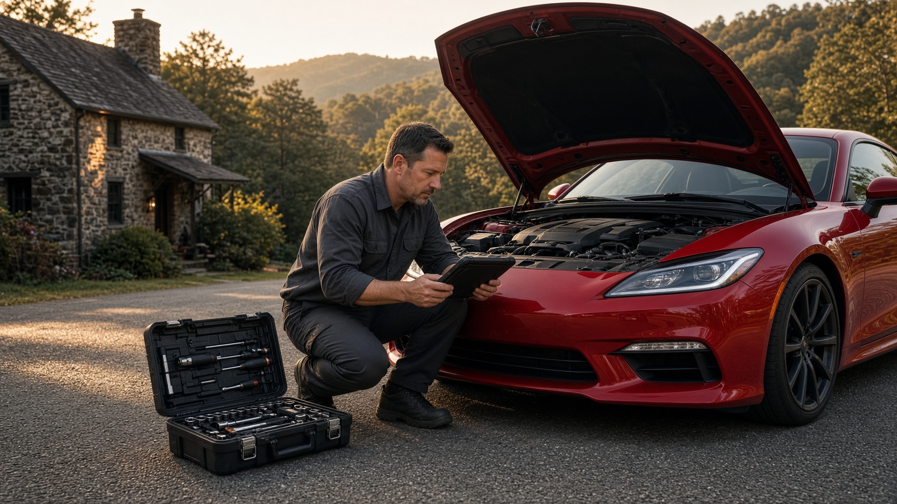 Mechanic diagnosing a red car in a Virginia driveway