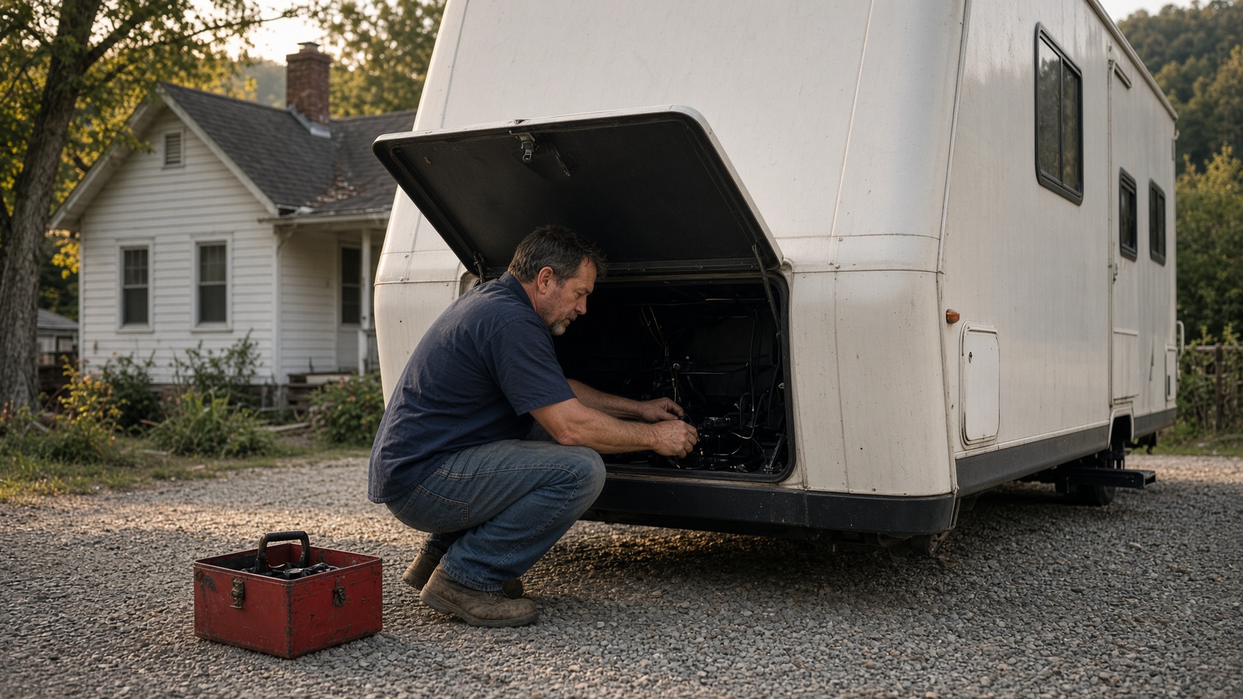 Mechanic working on a travel trailer