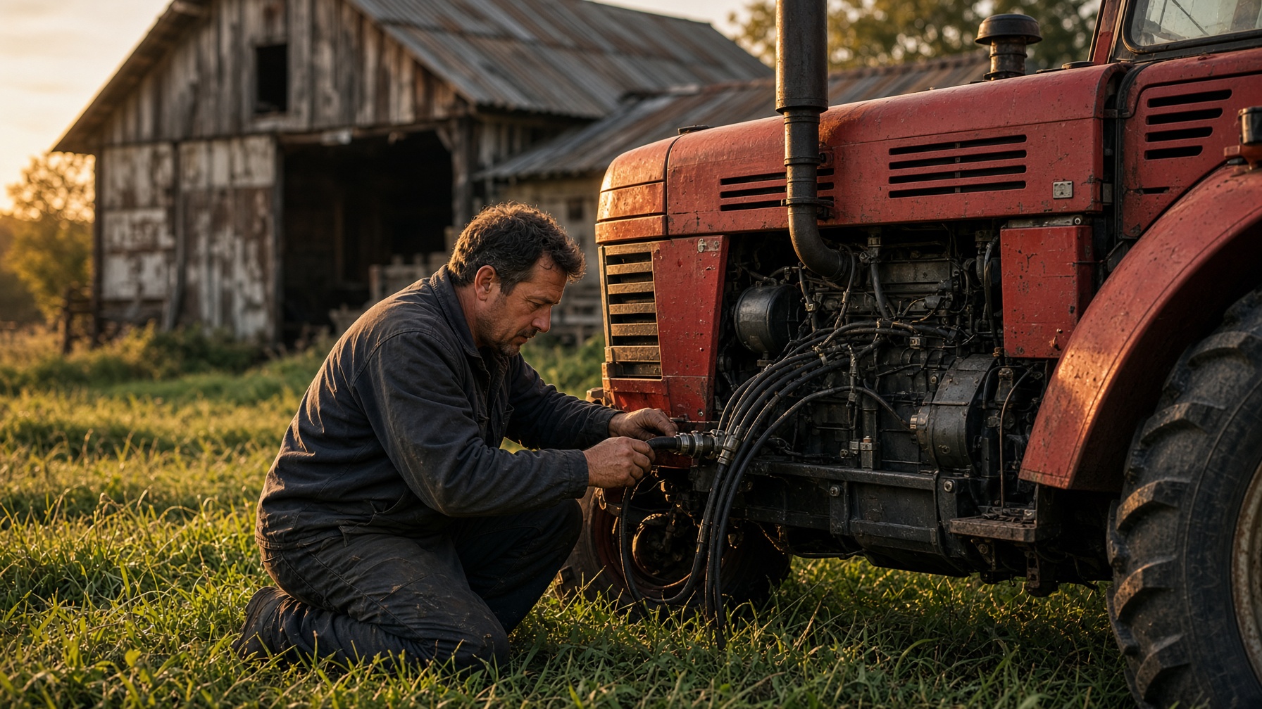 Hydraulic repair on a farm tractor